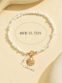 1件绿松石串珠项链，时尚金属镶嵌仿珍珠贝壳吊坠，OT扣项链，适合女士日常和旅行佩戴 - 彩色 - 查看 4