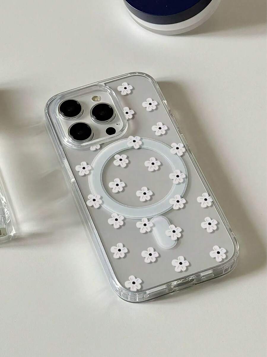 1pc Minimalist White Floral & Polka Dot Pattern Magnetic Phone Case, Compatible With Apple XS/XS Max/XR/11/12/13/14/14 Plus/15/15 Plus/16/16 Plus/7/8 Plus/17/17 Pro - Multicolor - View 1