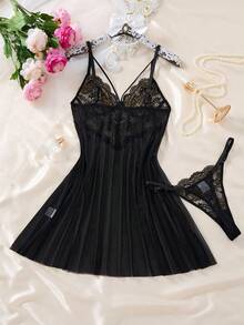 EverydayBra 女士金色撞色蕾丝性感短款睡裙，网纱镂空A字连衣裙，女士吊带吊带裙，蕾丝玫瑰哥特风情趣睡袍 - 金色 - 查看 2