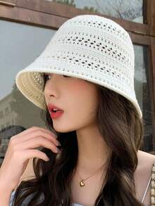 1顶夏季时尚镂空针织渔夫帽，女士户外小宽檐针织帽，休闲百搭遮阳帽 - A - 查看 2