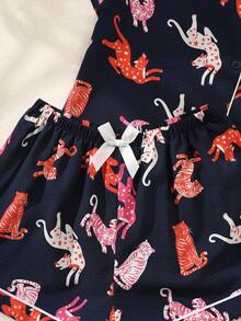 2 piezas Conjunto de pijama de mujer con top de manga corta con botones y cuello en V con estampado de gato y pantalones, conjunto de ropa de dormir de verano, cómodo para usar en casa. - Azul Marino - Ver 7