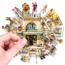 50张水彩咖啡馆贴纸 - 防水PET材质，复古欧洲街道和商店设计，适用于笔记本电脑、水瓶、行李箱和剪贴簿，非常适合旅行和艺术爱好者，为个人物品增添浪漫、怀旧的气息，并打造优雅的DIY装饰，用于日常使用和创意项目。 - 1 Set - 查看 7