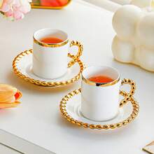 6pcs/Set 100ml+4.5inch Ceramic Cup & Saucer, Electroplated Gold Design, Luxury Minimalist Style Coffee/Tea Set, Suitable For Office, Living Room, Kitchen, Gift - White - View 3