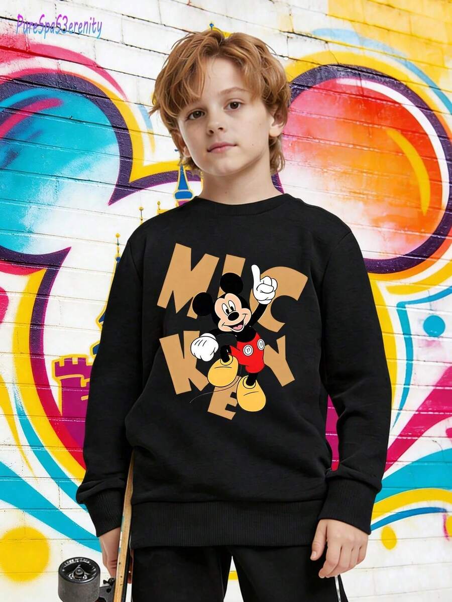 1pc Disney Mickey Mouse Sweatshirt For Tween Boys - Vibrant Style, Bold Lettering Mickey Graphic, Soft & Comfortable, Ideal For Casual Daily Wear & Disney-Themed Outings - 黑色 - 查看 1