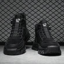 Men's Fashion High-Top Work Boots, Minimalist Cool Style, Rotating Buckle Detail, PU Leather, Rubber Sole, Medium Width, All Seasons - màu đen - Xem 3