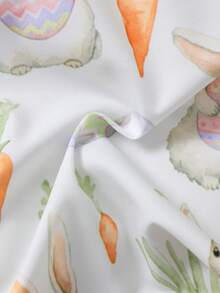 3pcs Baby Boy Easter Outfit Set: Short Sleeve Shirt With Collar, Bow Tie, Rabbit & Egg Print, Suspender Shorts, Spring/Summer Gentleman Suit - Khaki - View 10