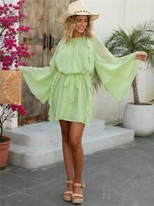 Đầm nữ màu trơn, viền bèo, dáng rộng, thanh lịch, thích hợp cho kỳ nghỉ, phong cách Boho/Bohemian, trang phục mùa xuân/hè. - Màu xanh Bạc hà - Xem 4