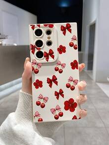 Cute Y2K Style Bow & Cherry Blossom Print Matte White Phone Case, Minimalist TPU Shockproof Protective Cover Suitable For Daily Use/Dates/Gifts, Compatible With IPhone 16/17/17 Pro Max, Galaxy S25 Ultra - White - View 3