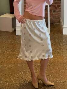 Womens Satin Polka Dot Midi Skirt Vintage Silky Elastic Waist Ruffles Hem Bodycon Short Skirts Summer A-Line Pencil Skirt Beach Vacation Night Out Party Club Streetwear - 白色 - 查看 4