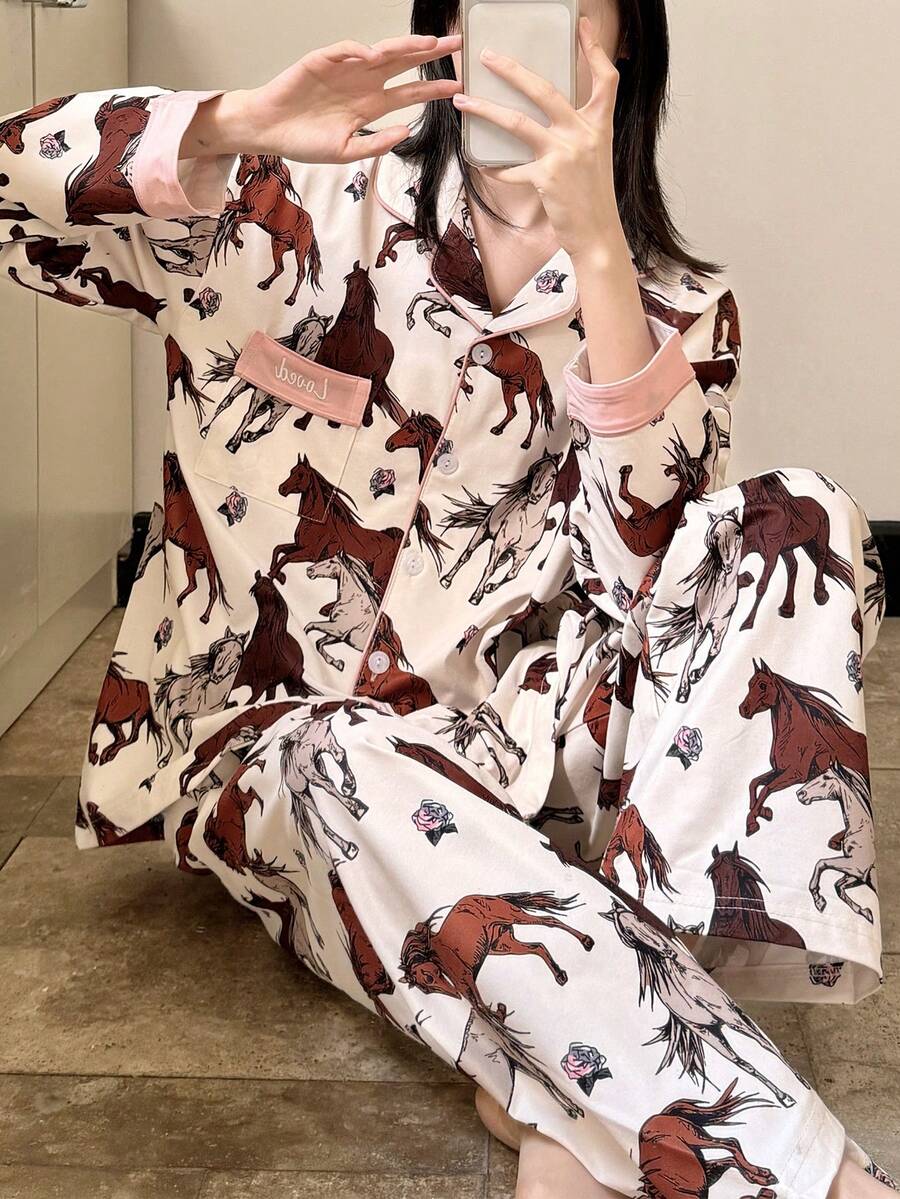 2pcs Women Cardigan Pajama Set, Long Sleeve Top And Pants, Soft Homewear For Spring And Autumn - White - View 1