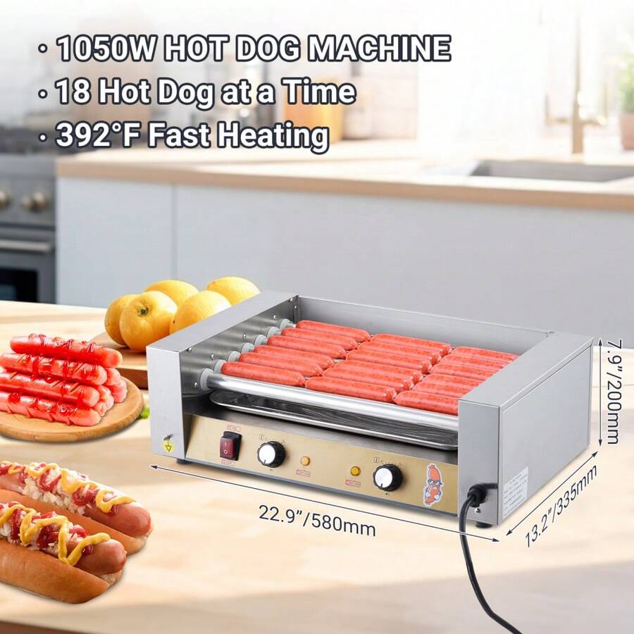 Parrilla Eléctrica de Rodillos para Hot Dogs - Máquina Asadora de Salchichas, Parrilla de Rodillos de Acero Inoxidable con Calientapanes, Cubierta de Vidrio y Bandeja de Goteo Extraíble, Control Dual - Plateado - Ver 1