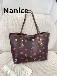 大容量通勤手提包，时尚印花单肩/腋下包，休闲个性ins风女式手提包 - 咖啡棕 - 查看 2