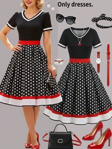 Women's Retro Black And White Polka Dot Midi Dress With Elegant V Neck Short Sleeves And Flared A Line Skirt - Black - View 1