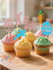 12/6pcs Easter Cake Toppers - Glitter Bunny, Carrot, Egg Cupcake Picks; Easter Cake Decorations, Easter Dessert Table Decor, Easter Home Baking DIY Decor, Easter Gifts Sweets Decor, Easter Atmosphere Decor Accessories, Easter Decorations, Suitable For Easter Party Decor Picks, Birthday Cake Decor Accessories, Spring Picnic Dessert Picks, Holiday Atmosphere Decor Props - Multicolor - View 3
