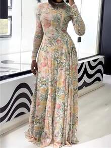 Floral Maxi Spring Dress For Women, High-Neck A-Line Dress With A Fitted Waist, Fashionable Long Dress, Conservative And Retro Style Dress - Màu be - Xem 1