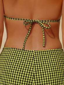 wohenmeili Bộ bikini buộc dây cổ kiểu Bohemian, bikini co giãn cao cấp, áo bơi tam giác buộc dây và quần lọt khe nhún bèo buộc dây bên hông dành cho nữ, đồ đi biển, đồ bơi nữ chất liệu kẻ caro đặc biệt cho kỳ nghỉ hè. - caro vàng đen - Xem 9