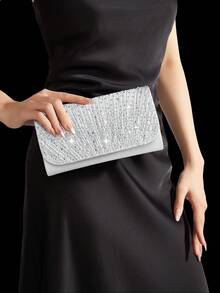 Shiny Rhinestone Flap Evening Bag Party Bag, Elegant And Fashionable Pleated Clutch Prom Bag, With Shiny Rhinestone Jewelry Three Pieces Set, Suitable For Parties, Dinners, Gatherings, Dances, Weddings. - Silver - View 5
