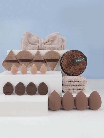 20 Cosmetic Tools Cosmetic Sponge Set, Including 1 Set Of Hair Band &2 Wrist Bands &4 Water Drop Cosmetic Eggs &4 Triangular Powder Puffs &4 Mini Finger Powder Puffs &4 Mini Cosmetic Eggs &1 Large Slouchy Powder Puff