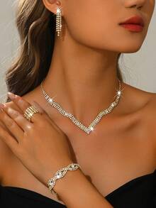 1pc V-Shaped Crystal Jewelry Set, Full Diamond Necklace, Earrings, Bracelet And Ring, Luxury Design, Formal Event Accessory, Gift For Valentine's Day/Mother's Day - Gold - View 5