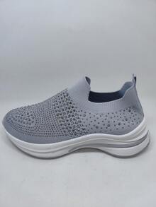 Zapatillas Mujer Gris Slip - On Strass, Tejido Knit Elástico, Suela Confortable, Calzado Casual Elegante y Práctico - Gris - Ver 6