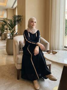 朴素时尚女式阿拉伯连衣裙休闲宽松设计，采用斋月长袍服装 - 黑色 - 查看 6