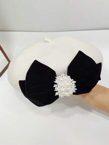 1 pieza Boina elegante de mezcla de lana con lazo, otoño/invierno - Blanco - Ver 6