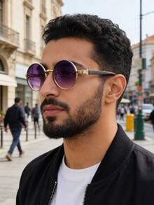 Men's Metal Round Wood Grain Effect Frame Fashion Glasses - Black - View 3