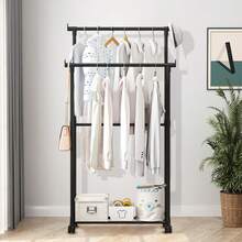 Perchero de pie móvil, perchero de ropa de uso doméstico con ruedas, estantería de almacenamiento, secadora, de pie para interiores, dormitorio, barra sencilla, barra doble, retráctil, perchero móvil para ropa y sombreros, adecuado para habitación, balcón, dormitorio, sala de estar, estantería de almacenamiento de varios niveles - Multicolor 1 - Ver 1