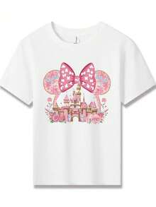 Disney Minnie Mouse Castle Printed Pattern T-Shirts For Girls - Children's Clothing Design Short-Sleeved Casual And Cute Style Comfortable And Casual Wear All Year Round Suitable For Parties - trắng - Xem 2