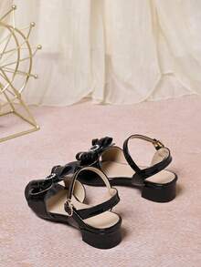 1 par de nuevos sandalias de tacón alto con cristales brillantes y lazos de PU para niñas, adecuadas para princesa, a juego con vestidos de verano, escenario, boda, festivales y uso diario - Negro - Ver 8