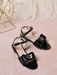 1 par de nuevos sandalias de tacón alto con cristales brillantes y lazos de PU para niñas, adecuadas para princesa, a juego con vestidos de verano, escenario, boda, festivales y uso diario - Negro - Ver 5
