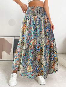 Bohemian Ruffled Hem Allover Print Half Slip Skirt, Elastic High Waist Vacation Style Skirt Suitable For Daily, Vacation, Party Wear - Multicolor - View 3