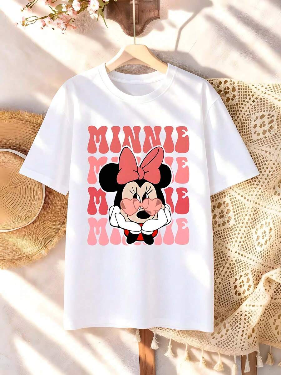 Disney Valentine's Day Minnie Mouse Print T-Shirt For Girls - Children's Clothing Design Short-Sleeve Casual Cute Style Comfortable And Relaxed Fit For Boys And Girls Perfect For Parties And Play Machine Washable Gift-Wrapped Children's Apparel Girls' Short-Sleeve Shirt - trắng - Xem 1