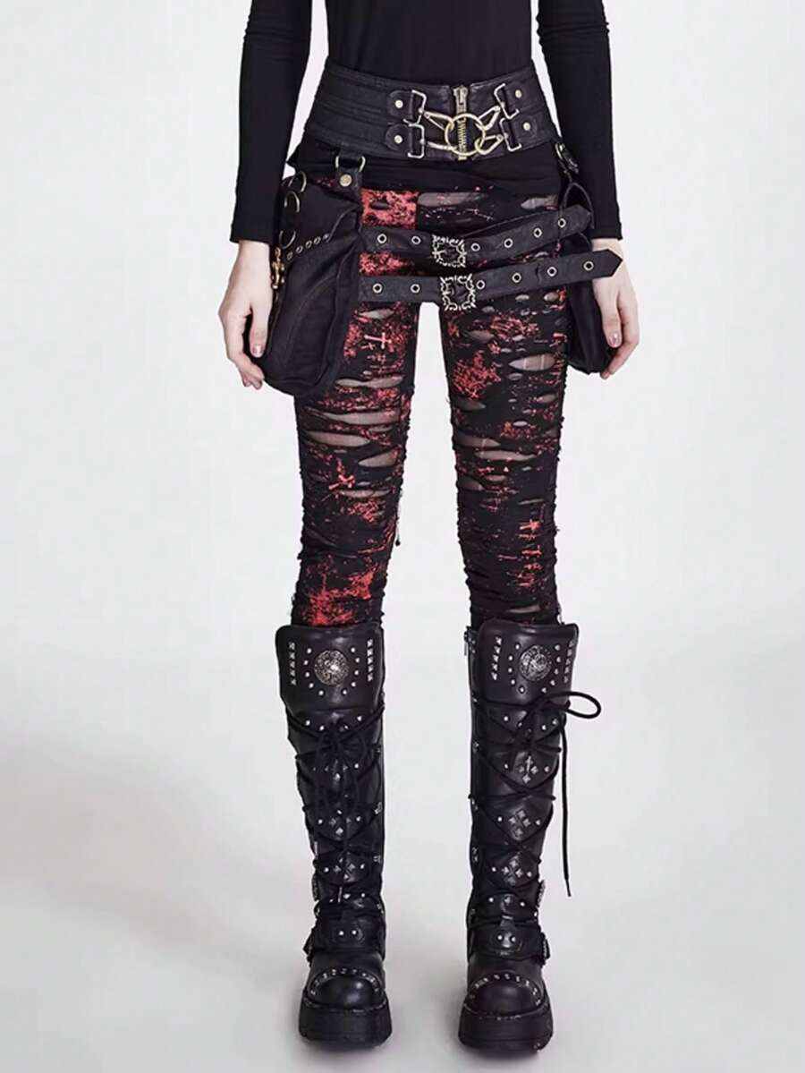 Distressed Gothic Punk Visual Leggings - Red - View 1