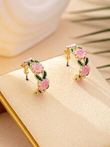 1 Pair Fashionable & Elegant Metal Enamel Flower Hoop Earrings, Suitable For Teenage Girls Daily Wear - Multicolor - View 3