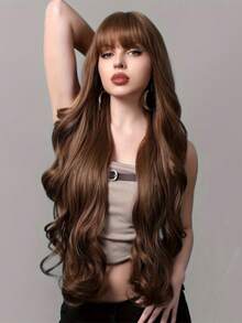 Peluca sintética de cabello largo y rizado con flequillo de 30 pulgadas con reflejos - Peluca resistente al calor de aspecto natural para uso diario, fiestas, citas y cosplay - Marrón - Ver 7
