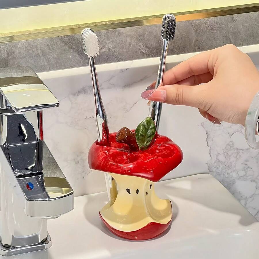Apple-Shaped Toothbrush Holder - A Bathroom Countertop Storage Device Without Holes, Red And Yellow Color To Prevent Water Accumulation, A Creative Home Gift - Đỏ - Xem 1