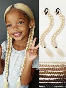 Chic Brown & Black & Gold Double Twist Braid Ponytail Extension - Synthetic Hair For Kids, Perfect For Daily Wear & Parties 2pcs - Multicolor - View 14
