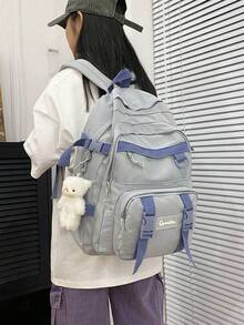 Large Capacity Multi-Compartment Cartoon Backpack With Dual Handles And Zipper, Anti-Theft Design, Suitable For Students Back To School, College Style, Women Travel & Vacation - Blue - View 3