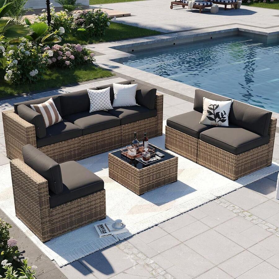 Patio Furniture Sets, 7-Piece Outdoor Patio Furniture With Thick Cushions, Wicker Outdoor Conversation Set Sectional Sofa For Backyard, Poolside, Garden - Đen vàng - Xem 1