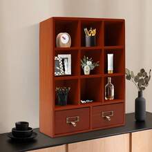 Vintage Brown Wooden Display Cabinet 9 Compartments 2 Drawers 33.3*10*42.5cm Wall Mount Freestanding For Collectibles Figurines Jewelry Storage - 棕色 - 查看 4