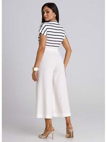 Women's Linen Capri Midi Button Pocket Wide Leg Flare High Waist Casual Pantacourt Pants - trắng - Xem 2