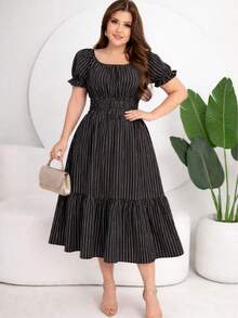 Elegant Women's Midi Dress With Ruched Detail And Two Tiers - Black - View 5