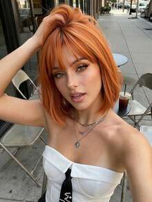 12英寸时尚橙色短款波波头假发，适合女性 - 新手友好，耐热合成纤维刘海，适合日常佩戴和角色扮演 - 臟橘色 - 查看 1