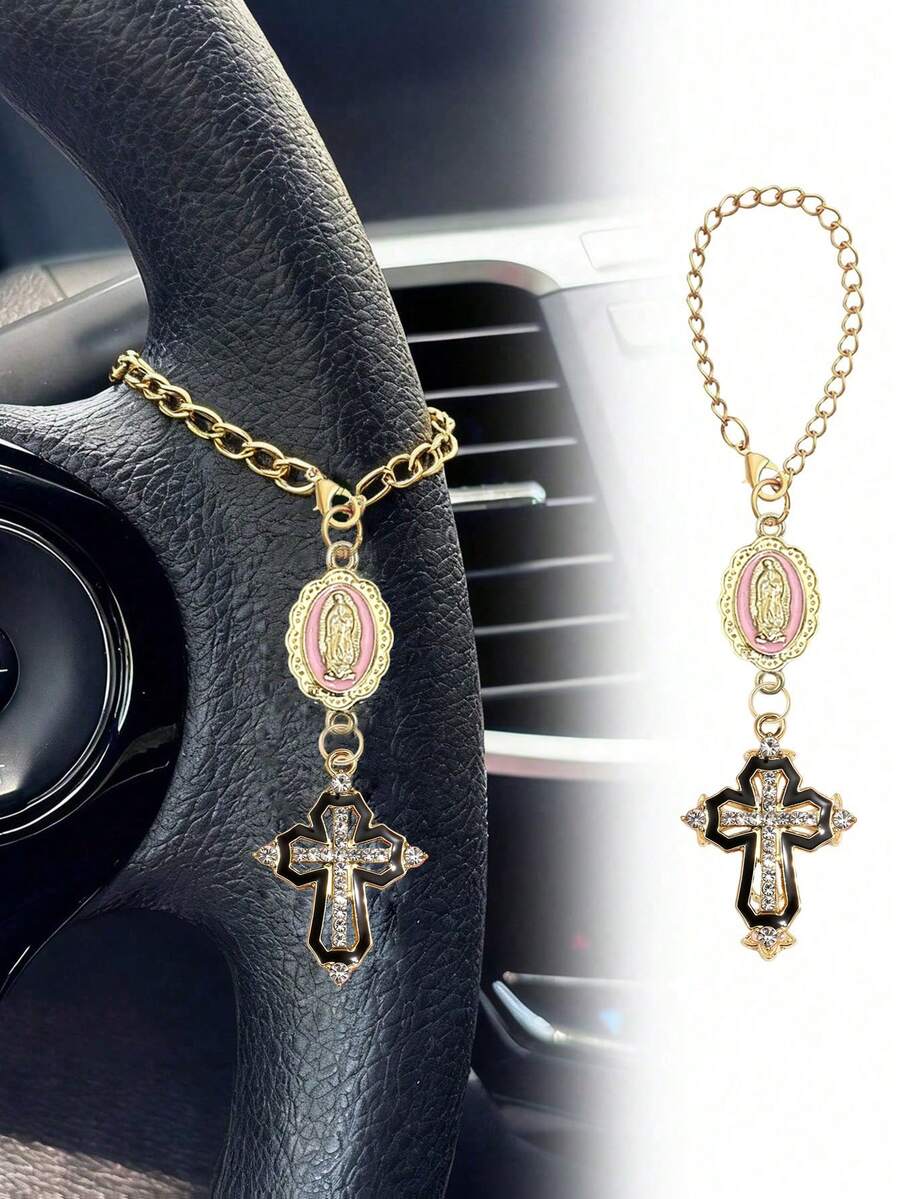 1 mặt dây chuyền Đức Mẹ Đồng Trinh màu hồng và thánh giá trang trí vô lăng, phụ kiện vô lăng Công giáo, mặt dây chuyền Kitô giáo, phụ kiện xe hơi, móc khóa thánh giá, dây chuyền điều chỉnh được, phụ kiện thời trang, trang trí nội thất xe hơi unisex, thích hợp để trang trí xe hơi, mặt dây chuyền túi xách, hành lý, tai nghe, quà tặng Kitô giáo độc đáo - Quà tặng Giáng sinh, Lễ Tạ ơn, Lễ rửa tội và lễ linh mục, quà tặng cho người lái xe, gia đình, bạn bè, các cặp đôi