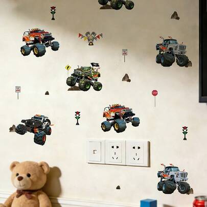 1/2pcs Truck Wall Sticker Colorful Racing Car Decal, Removable Vinyl Vehicle Art Mural For Bedroom Living Room Wall Decor, DIY Party Supplies