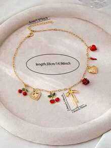 1 Pc Cute Heart Locket, Bow, Strawberry & Cherry Charm Necklace, Delicate Gold-Tone Choker Chain With Bow & Heart Pendant, Women Fashionable Jewelry For Daily Wear, Party, Dating - Multicolor - View 3