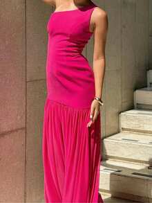 Fuchsia Patchwork Sheer Mesh Panel Dress, Women's Summer Solid Color Elegant Party Dress, Minimalist Flowy Hem Sexy Vacation/Graduation/Birthday/Dance Party Cute Outfit - Hot Pink - View 8