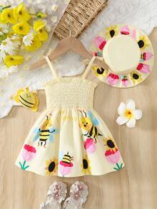 2件套女婴夏季新款蜜蜂印花A字宽松连衣裙和帽子 - 彩色 - 查看 2
