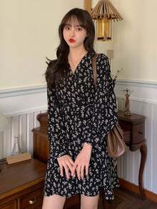 女士休闲度假风V领长袖连衣裙 - 黑色 - 查看 5